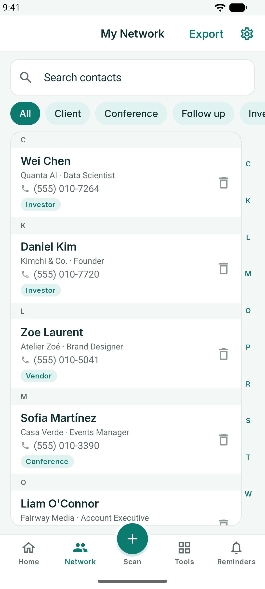 My Network list with search, tag filter chips and the A-Z index