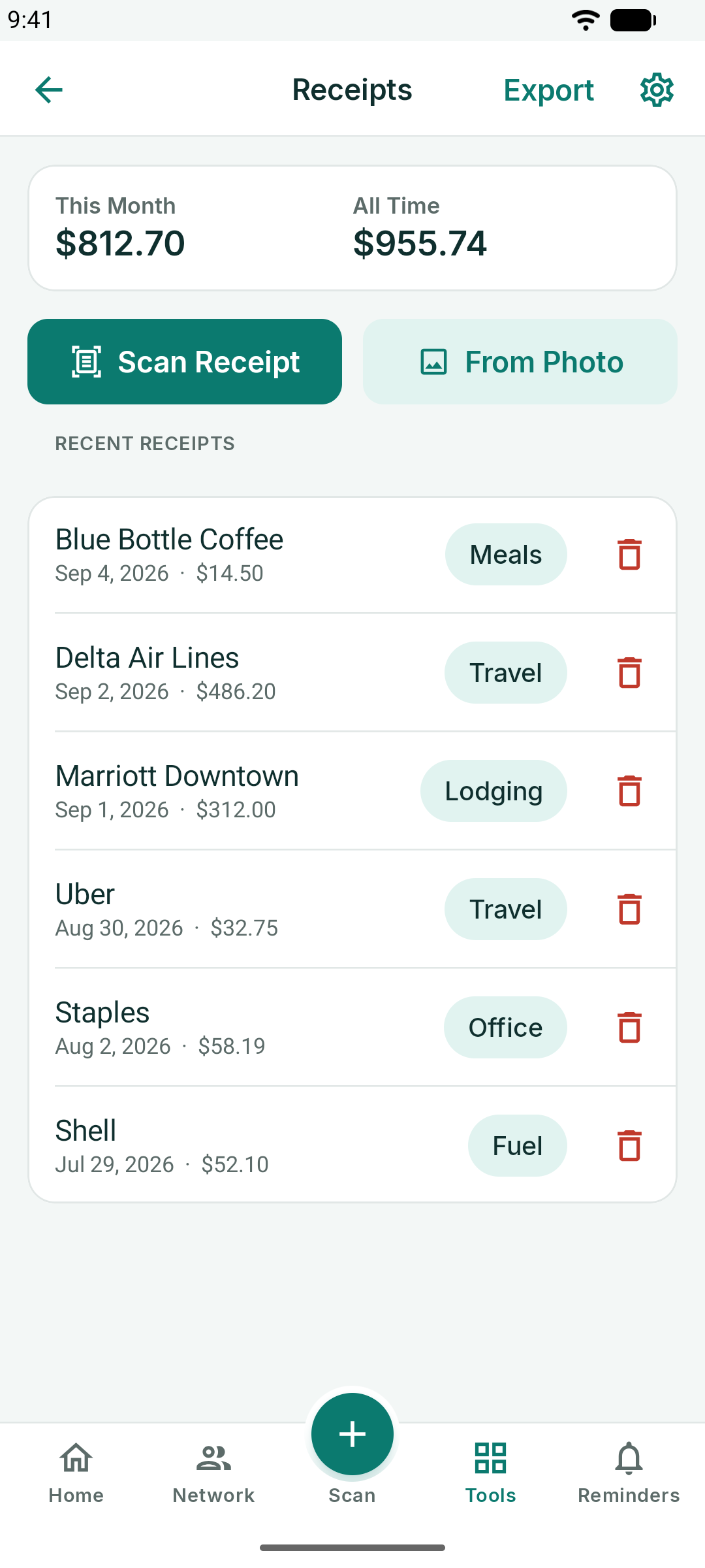 Receipts with the monthly and all-time totals and the receipt list