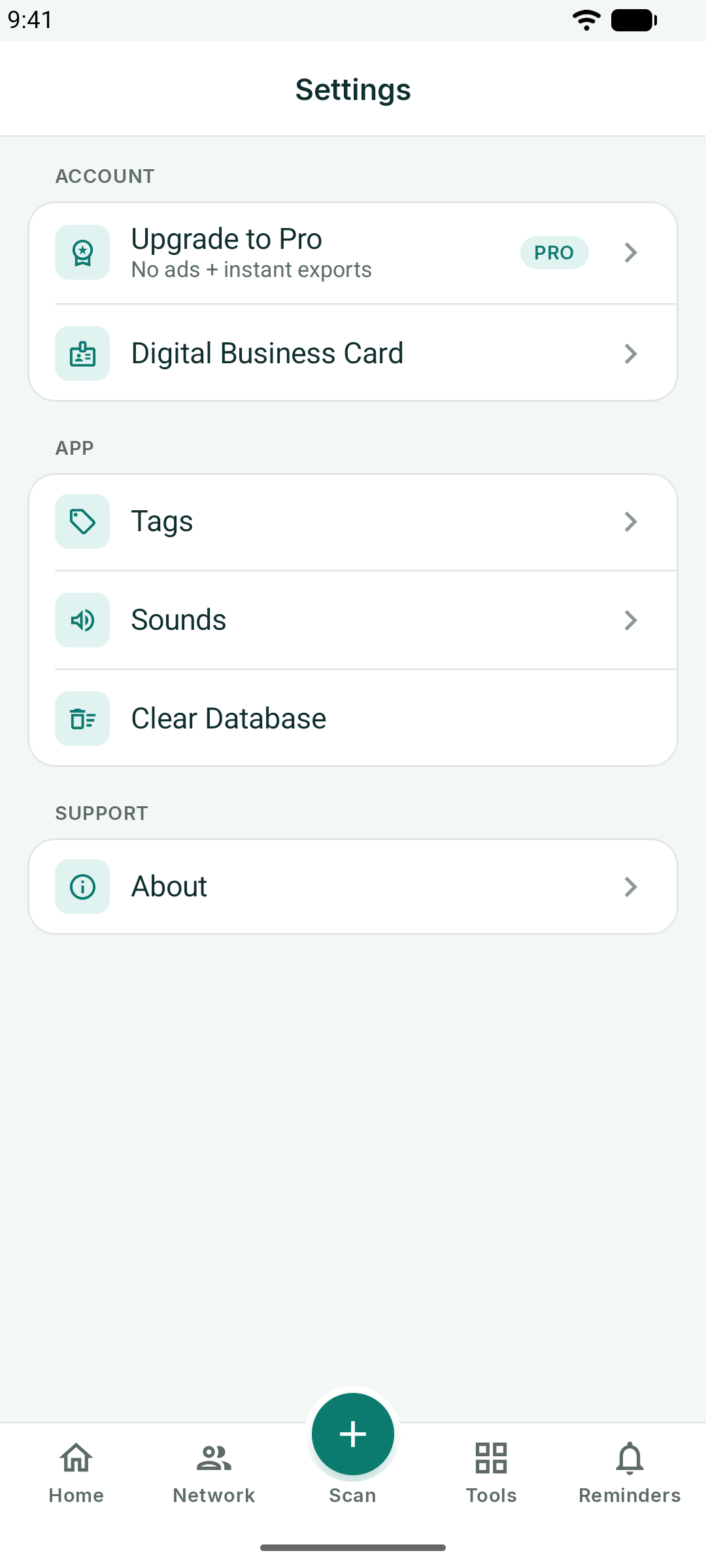 Settings with Upgrade to Pro, Digital Business Card, Tags, Sounds, Database and About