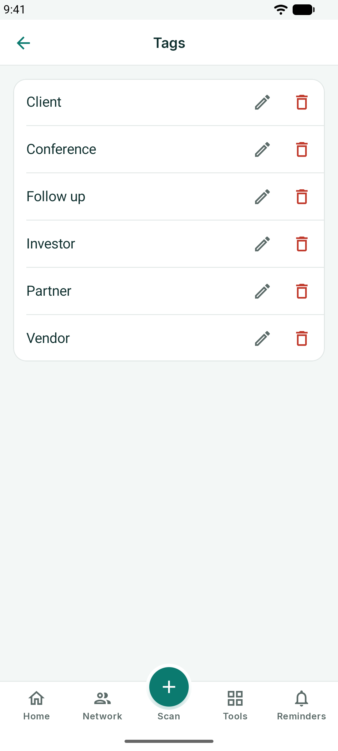 Tags settings listing the tags in use