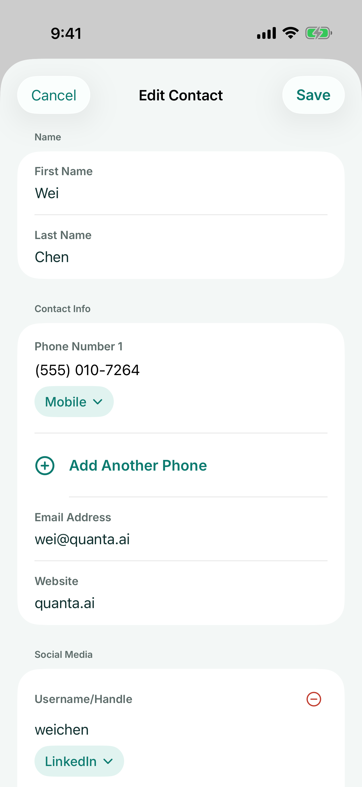 Contact editor with name, phone, email, website and social fields